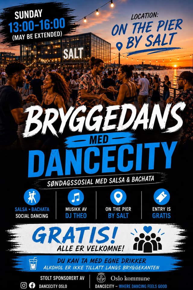 Bryggedans event flyer for Sunday. Free event sponsored by Oslo kommune